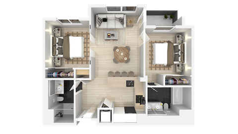 A 3D floor plan of a house showing a living room, kitchen, and two bedrooms.